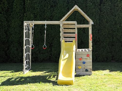 Wendi Toys M40 Struttura da Gioco per Bambini da Esterno, Torre da Gioco con Set Palestra e Scivolo Giallo da 220 cm, Legno Nordico, Montaggio Semplice, Set da Giardino Ideale per Bambini di Età