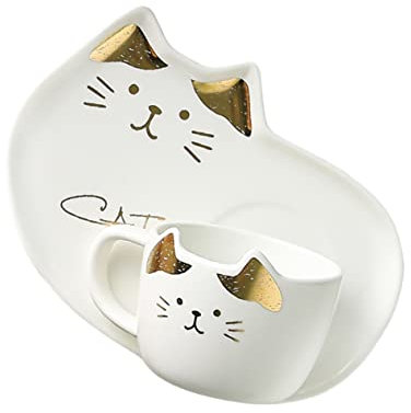 BESTOYARD Juego De Taza y Platillo De Cerámica Blanca De 200 Ml Diseño De Gato, Taza Para Bebidas Calientes, Apta Para Café y Té, Adecuado Para Hogar y Oficina, Set De 1 Unidad
