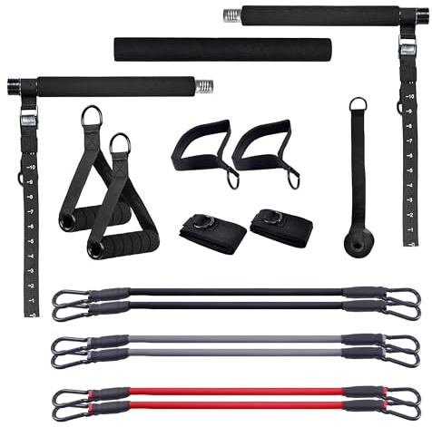 GORILLA SPORTS® Pilates Bar Set mit Verstellbarer Stange und 3 Widerständen | Mit Hand- und Fußschlaufen, gepolsterten Knöchelriemen und Resistance Bands für Arm-, Bein- und Ganzkörpertraining