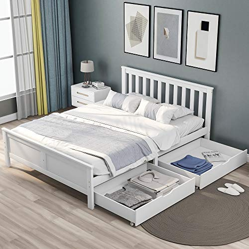 Wooden Solid White Pine Storage Bed with Drawers, 4FT6 Double Bed Frame 190x135cm, Durable Slatted Base, Modern Design for Adults, Kids, and Teenagers (White) - NO MATRESS
