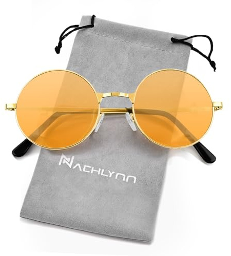 NACHLYNN Round Hippie Sunglasses Metal Border Circle Hippie Glasses UV380 Protection 70s Sunglasses for Men Women Party Favor