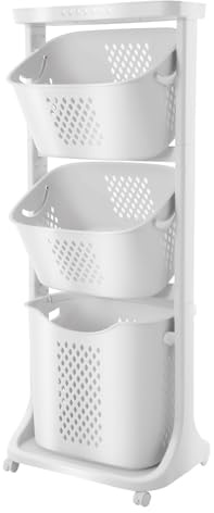 TONFEION Laundry Basket on Wheels, 3-Tier Laundry Organiser Shelf, Laundry Trolley with 2 Small Baskets & 1 Large Basket, Space Saving, Laundry Sorter for Bathrooms, Laundry Rooms, Bedrooms