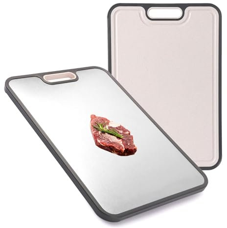 Titanium Cutting Board - 15”×11” Chopping Board for Kitchen Double Sided Food-Grade Stainless Steel & Wheat Straw Cutting Board Non-Stick Chopping Board for Meat and Vegetables, Dishwasher Safe