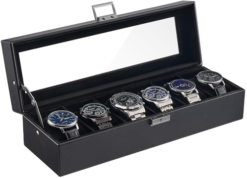 ProCase 6 Slot Watch Case Box for Men, PU leather Man Watch Organizer with Soft Pillow, Lockable Watch Collection Storage Holder with Glass Display Lid -AllBlack