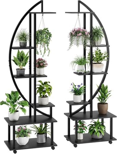 OPULENTHOME Växtstativ i 6 våningar, 2 stycken halvmånformade växthyllor med avtagbara hjul, krokar, stort växtstativ för hem, trädgård, balkong, svart 175 x 56 x 30 cm