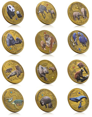 12 Stück/Set afrikanische Tier-Gedenkmünze Hyazinthe Ara Lemur Sibirischer Tiger Sambia 1000 Kwacha Metall Kristall Medaillen Sammlung Geschenk