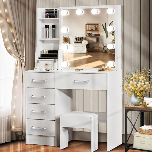 YM7 Schminktisch mit LED-Lichtern, Schiebespiegelhocker, MDF, 6 Schubladen & 6 Ablagen, Schlafzimmermöbel, 80 x 36 x 130 cm, stilvolle Schminkkommode