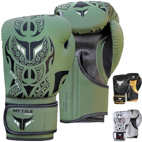 Mytra Fusion Boxing Gloves for Men & Women – Tribal Power Edition, Training, Punching, MMA, Muay Thai, Kickboxing & Sparring Gloves with Grip, Air Vents & Hook & Loop Strap (Olive Green, 10-oz)