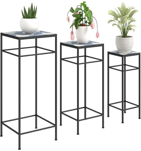 Outsunny 3er-Set Pflanzenständer Blumenständer 71cm Hoch Innen Blau+Weiß | Pflanzenregal, 3 Verschieden Große Blumenhocker, Blumentopfständer, Blumenregal Aus Metall, Garten Balkon Wohnzimmer