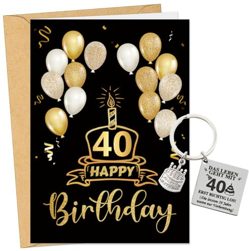 RFBEUTEL Glückwunschkarte zum 40. Geburtstag mit Umschlag Geburtstagsgeschenk Schlüsselanhänger Geburtstagskarte Grusskarte Happy Birthday Mann Frau Freund Mama Papa