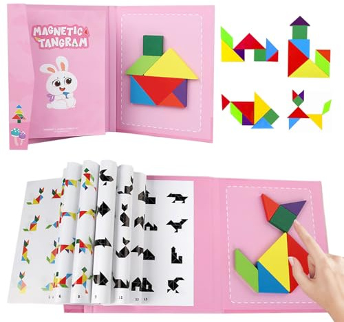CUVZORA Tangram Magnetisch, Kinder Lernspielzeug Reisespiele für unterwegs, Magnetspiel mit 96 Mustern, Magnetpuzzle aus Holzfür Kinder ab 3 Jahren, Kreativ und Sicher (Rosa)