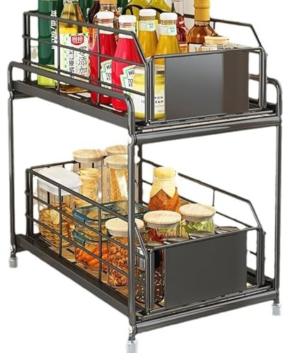 Yolispa Organizzatore per lavello, 2 ripiani sotto il lavandino, nero estraibile, scaffale da lavoro, portaspezie per cucina, bagno, armadio