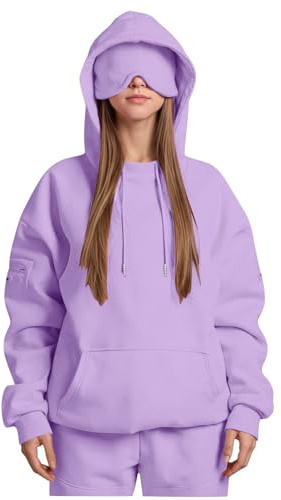 Mrat Womens Hoodie with Eye Mask Built In, Comfrt Airplane Mode Travel Hoodies, Soft Loose Sweatshirt, Long Sleeves Fleece Cosy Warm Oversized Pullover Top, Baggy Wearable Blanket, Solid Color,Uk 8-18