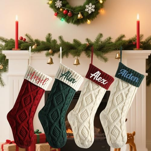 Lustige DIY personalisierte bestickte Namen, 45,7 cm, großer Weihnachtsstrumpf, benutzerdefinierte bestickte Namen, gestrickte hängende Strümpfe für Weihnachten, Kamin, Weihnachtsbaumschmuck
