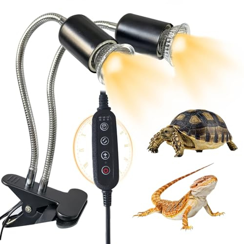 BNOSDM Reptile Heat Lamp, Dual-Head UVA UVB Light for Aquarium Turtle Tank, Reptile Lamp Fixture with 2*50W Basking Light and 360° Rotatable Timing & Dimming, Tortoise Heat Lamp for Lizard Snake Chick