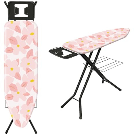 TEENO Table à Repasser Pliable 122 x 38 cm,pour Centrale Vapeur,Verrouillage Sécurisé,7 Réglages De Hauteur, Housse en Coton 100%,Support De Fer Intégré,Universel pour La Maison/La Laverie(Rose)