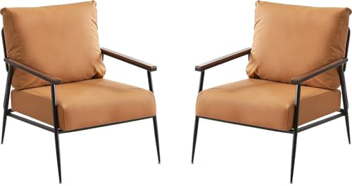 Loungesessel Wohnzimmer 2er Set, Moderner Polstersessel mit Massivholz Armlehnen & Metallrahmen, Bequemer Einzelsofa mit Kunstleder, 65cm Breiter Ohrensessel für Schlafzimmer Büro Empfangsraum, Braun