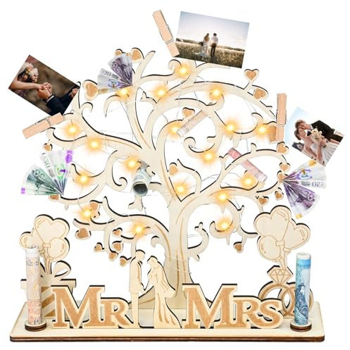 YIWONFU Hochzeitsgeschenk Geldbaum aus Holz, Lebensbaum Deko, Mr & Mrs Romantisches Geschenkset inkl. Karte & Schleife, Ideales Geldgeschenk für das Brautpaar