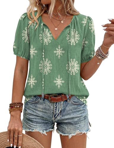 Rapbin Womens Tops Summer Short Sleeve Casual Boho Loose-Fit Blouses