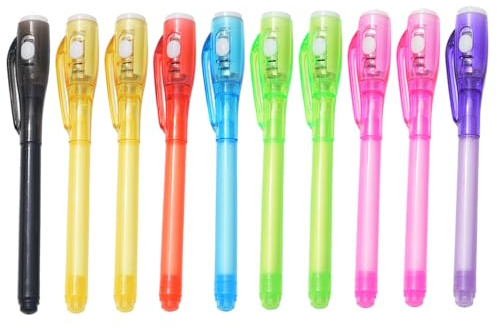 Osynliga bläckpennor med UV-ljus för barn, 10-pack coola pennor för hemlig skrivning, penna med LED-ljus, pennspel och kreativt kul