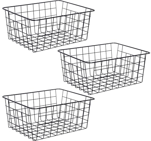OHS 3 Pack Wire Basket Storage, Small Metal Kitchen Storage Baskets Wire Freezer Organiser Bin Vegetable Baskets for kitchens Pantry Bathroom Cupboards, Black