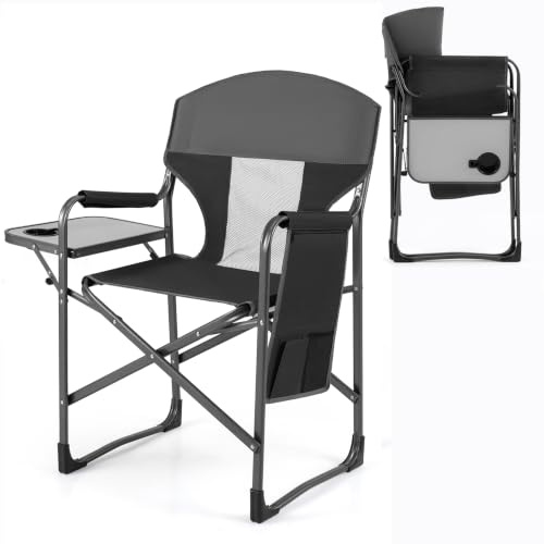 SOARS Sedia da Campeggio Pieghevole con Tavolino e Tasche (Nero) | Sedia Regista Portatile con Portabicchieri e Rete Traspirante, in Metallo, per Pesca e Picnic, da Giardino e Spiaggia, Max 18