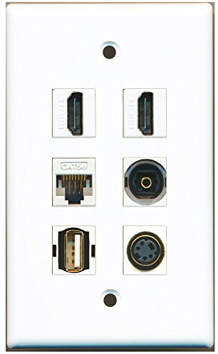 RiteAV - 2 HDMI, 1 Port USB A-A, 1 Port S-Video, 1 Port Toslink, 1 Port Cat5e, Ethernet, weiße Wandplatte.