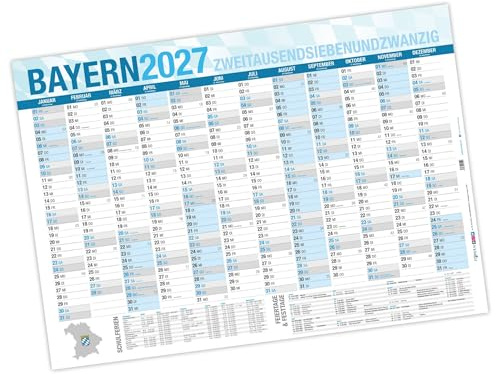 itenga Jahresplaner Bayern 2027 – Wandkalender DIN A0 (118,9 x 84,1 cm) – 250 g/m² Papier – Feiertage & Schulferien – Jahresübersicht ideal für Büro, Schule & Zuhause