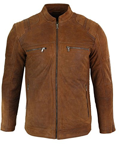 Veste en Daim véritable pour Homme Style rétro Vintage Biker col Indien et Zip - Marron L