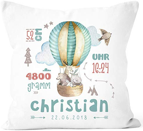 SpecialMe® personalisierbares Kissen zur Geburt Heißluftballon, Geburtskissen Jungen Mädchen, Geschenk Geburt Wunschname, Kissen-Bezug ohne Füllung weiß Unisize