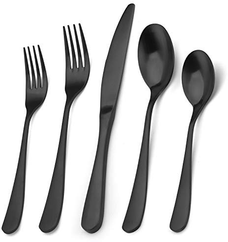 Bysta – Ensemble de couverts en acier inoxydable noir mat, 20 pièces pour 4 personnes, ensemble de couverts pour la maison et le restaurant, finition satinée, passe au lave-vaisselle