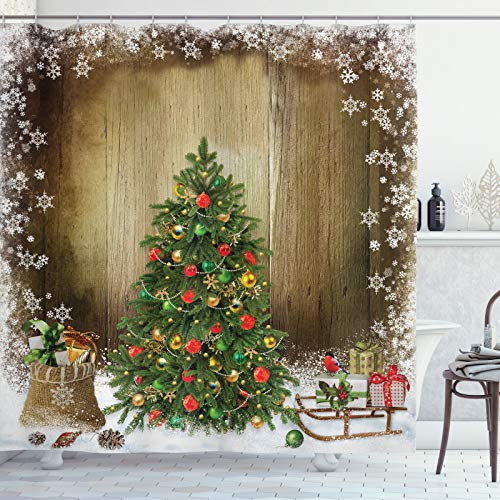 ABAKUHAUS Weihnachten Duschvorhang, Pine Tree Presents, Stoffliches Gewebe Badezimmerdekorationsset mit Haken, 175 x 240 cm, Braun Grün
