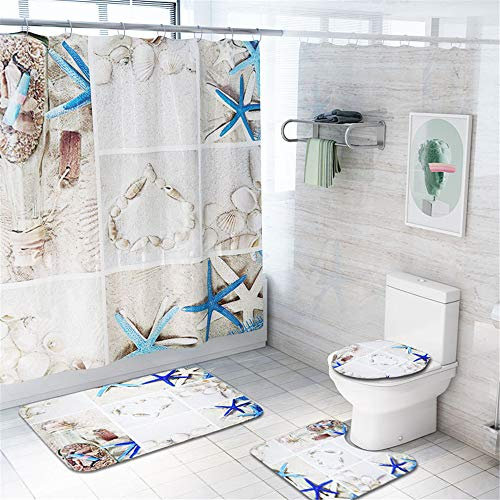 Enhome Juego de 4 Piezas de Alfombra de baño Antideslizante + Tapa de Inodoro + Alfombrilla de baño + Cortina de Ducha, Mundo de los Fondos Marinos (Starfish D)