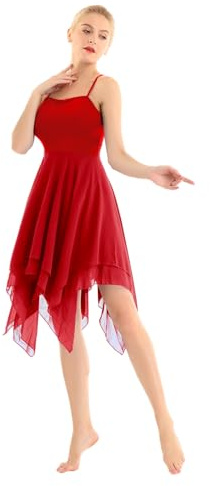 TTAO Robe Danse Contemporaine Femme Robes Ballet Danse Classique Asymétrique Justaucorps Tutu Robe Rumba Salsa Robes de Bal Soirée Cérémonie S-XXL Rouge M