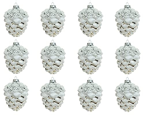 Christbaumschmuck Glas Zapfen 9cm x 12 Stück Tannenzapfen Weihnachtskugeln Wald weiß