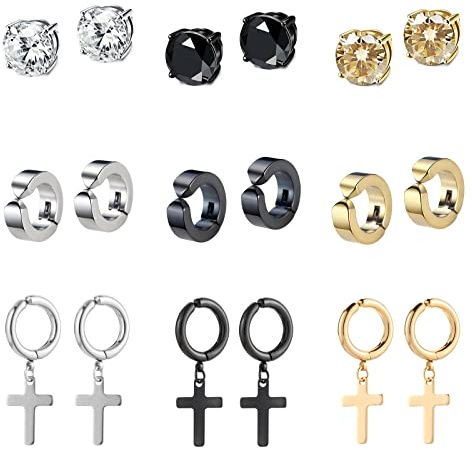 Bo Win Orecchini Clip Donna Bambina Uomo Senza Buco, Diamante Finto Croce Cerchio Pendenti Argento Nero Oro, 9 Paia Acciaio Inossidabile