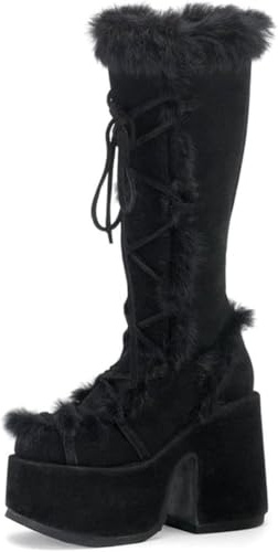 CELNEPHO Knee High Boots For Womens Side Zipper Warm Faux Fur Platform Chunky Heel Punk Goth Walking Winter Snow Boots