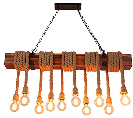 Jadssox lampadario rustico della fattoria apparecchio di illuminazione a sospensione a grappolo a 10 luci, lampada a sospensione in legno antico plafoniere a goccia in corda di canapa, lampadari per s