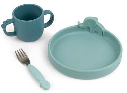 Done by Deer Peekaboo Baby und Kinder Geschirrset - 3-Teiliges Kindergeschirr Set mit Rutschfestem Kinderteller, Trinklernbecher und Gabel - BPA-Freies Geschirr aus 100% Lebensmittelechtem Silikon