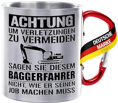 Crealuxe Edelstahltasse mit Karabiner - Achtung Baggerfahrer - 330ml, Tasse bedruckt, Kaffeetasse, Bürotasse, Metalltasse mit Name