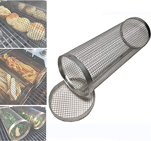 Rollbarer Grillkorb – perfekt für Gemüse, Pommes Frites und Fleisch auf dem Grill – ideal für Camping und Grillabende (Größe: 21 cm)