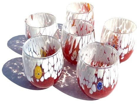 MAZZEGA ART & DESIGN 6 Verres à eau bicolores en verre soufflé et travaillé à la main avec des murrines Murano - Les couleurs de Murano - Bicolore 435 ml. Fabriqué en Italie. (Rouge, 6)