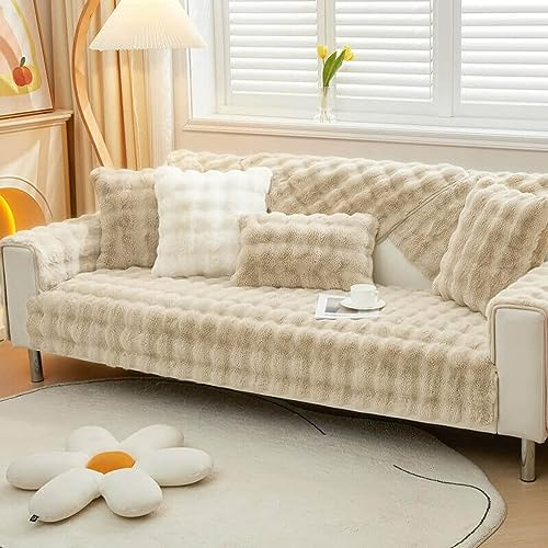 Hixako Funny Cosy Plush Non-Slip Couch Cover, Fluffy Thick Rabbit Plush Sofa Cushion, Garden Chic Cotton Protective Cover (White,35.4 * 82.7 in)