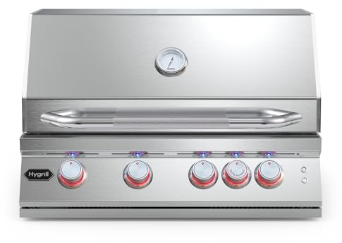 Hygrill Premium XTR 32-Inch Built In Grill, Stainless Steel 4-Burner Grill Head for Outdoor Kitchen with Rear Infrared Burner and LED Lights, Natural Gas
