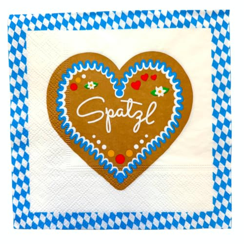 Oktoberfest Servietten SPATZL Herz – 30 Stück, 33 x 33 cm, 2-lagig | Bayerische Papierservietten mit Lebkuchenherz & Rautenmuster für Wiesn, Oktoberfest Deko, Party & Tischdeko