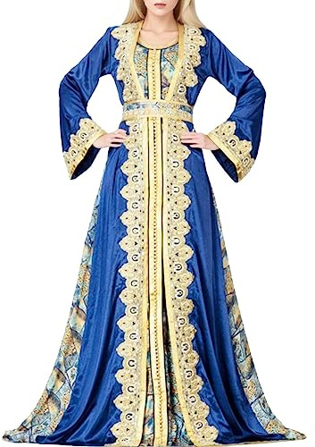 KBOPLEMQ Muslimisches Kleid für Damen, Abaya Islamische Marokkanische Ramadan Robe Ohne Hijab Arabischer Kaftan in Voller Länge Ethnische Kleidung mit Gürtel Gebetskleidung für Frauen
