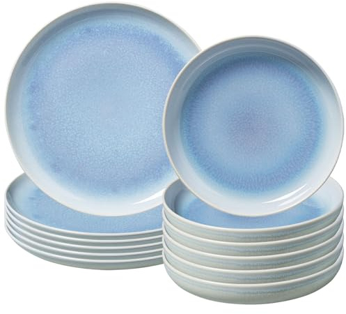 like. by Villeroy & Boch - Crafted Blueberry Tafelservice 12-teilig, Speiseteller (25,9 cm) und Suppenteller (21,9 cm) mit Reaktivglasur, Premium Porzellan, Türkis