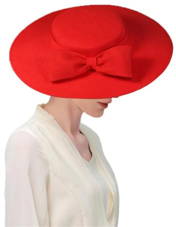 Yeuyyben Elegante Damenhüte mit breiter Krempe, Schleife, formelle Kappe, Dame, Hochzeit, Cocktailparty, flache Oberseite, Fedoras, rot, 56 to 58cm