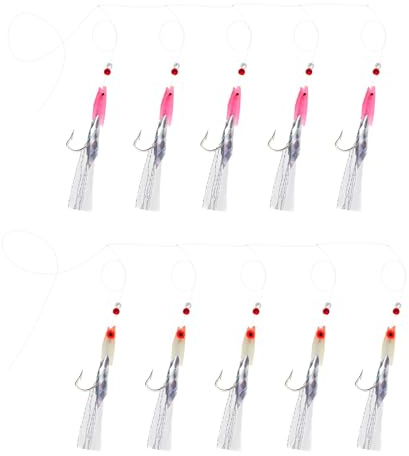 Create idea 10 Stück Angelköder Leuchtende Angelhaken Barsch Kabeljau Angelköder Federn Angelzubehör für Makrele Barsch Polloc Kabeljau Meeresangeln (5 Weiß + 5 Rosa)