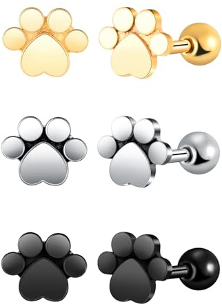 Yumilok 3 par herrörhängen rostfritt stål katt paw damer örhängen set tassar stud piercing huggie kreoler fotavtryck från husdjur, Rostfritt stål
